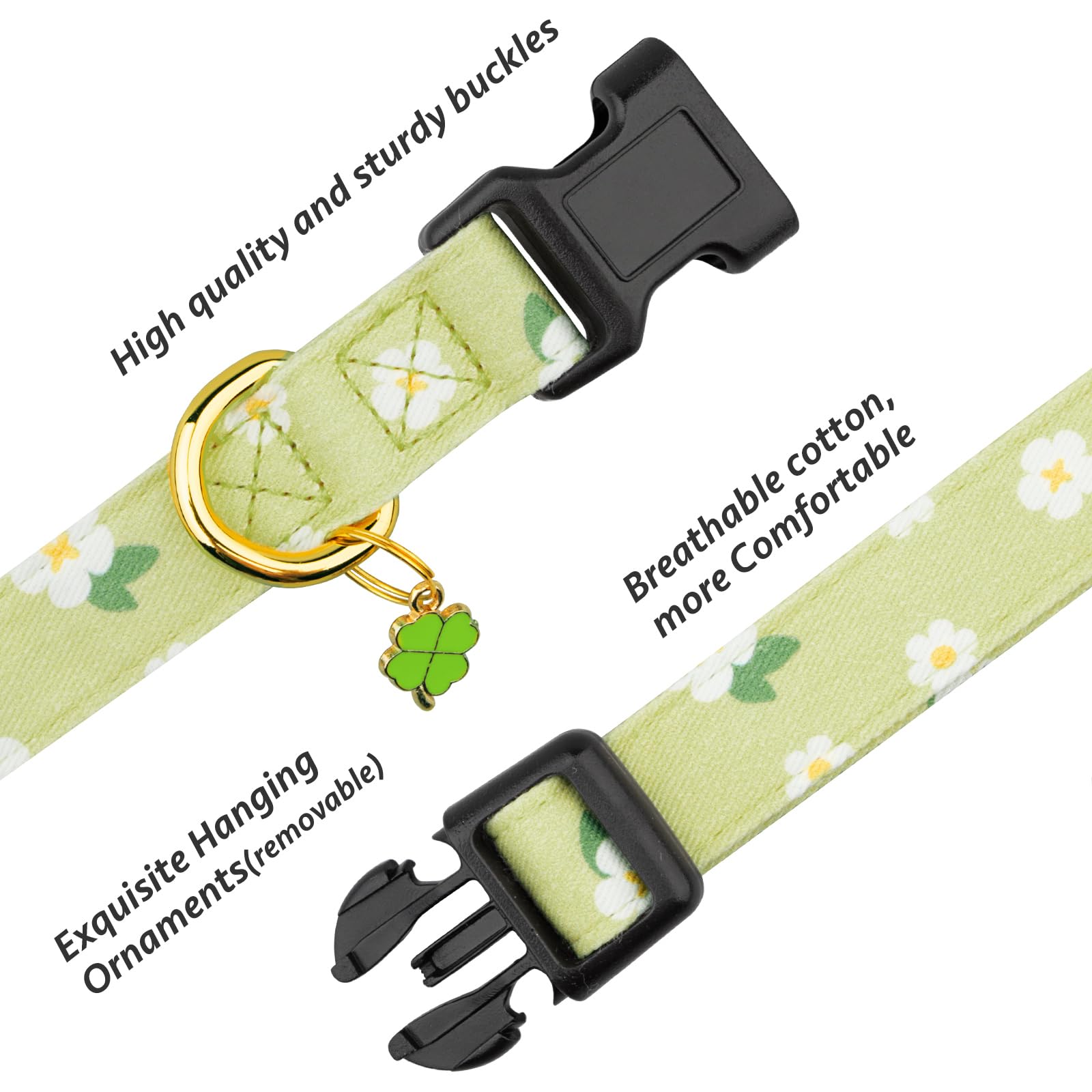 Cotton Handmade Dog Collar Cute And Distinctive Patterns Green Flower With Pendant For Girl Boy Dogs Collars L